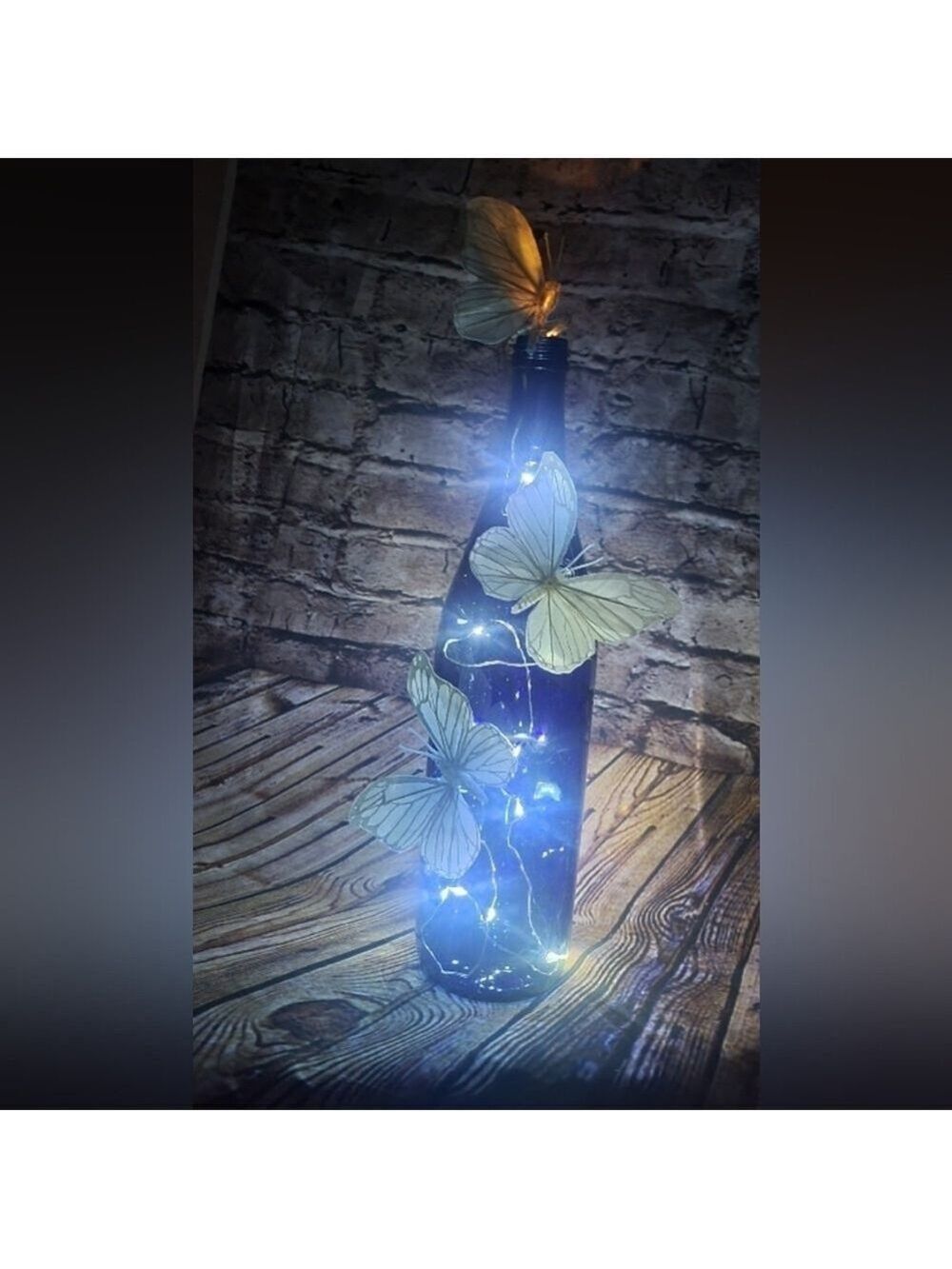 Cobalt Blue Wine Bottle LED Lights Butterfly Centerpiece